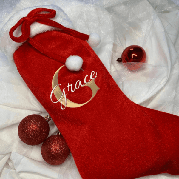 Calza Natalizia Personalizzata Rossa | Lettera Dorata + Nome Bianco