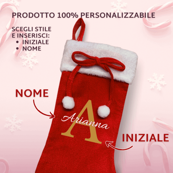 Calza Natalizia Personalizzata Rossa | Lettera Dorata + Nome Bianco
