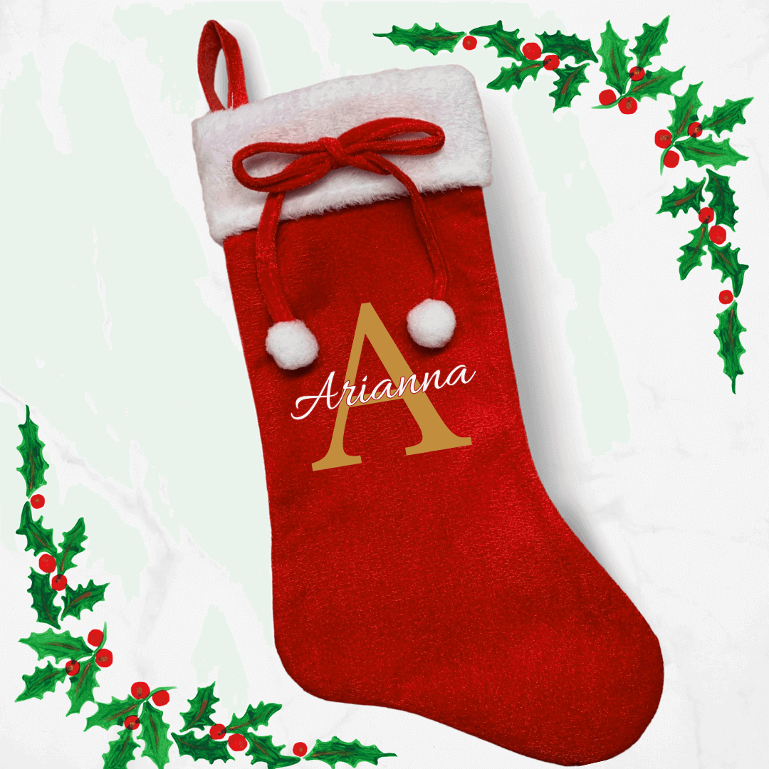 Calza Natalizia Personalizzata Rossa | Lettera Dorata + Nome Bianco - immagine 3