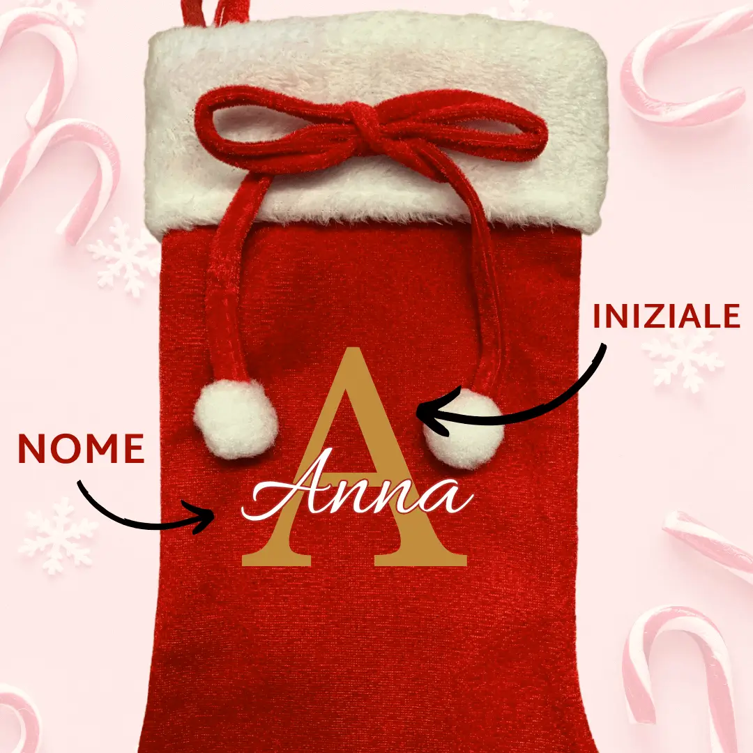 Calza Natalizia Personalizzata Rossa | Lettera Dorata + Nome Bianco - immagine 4